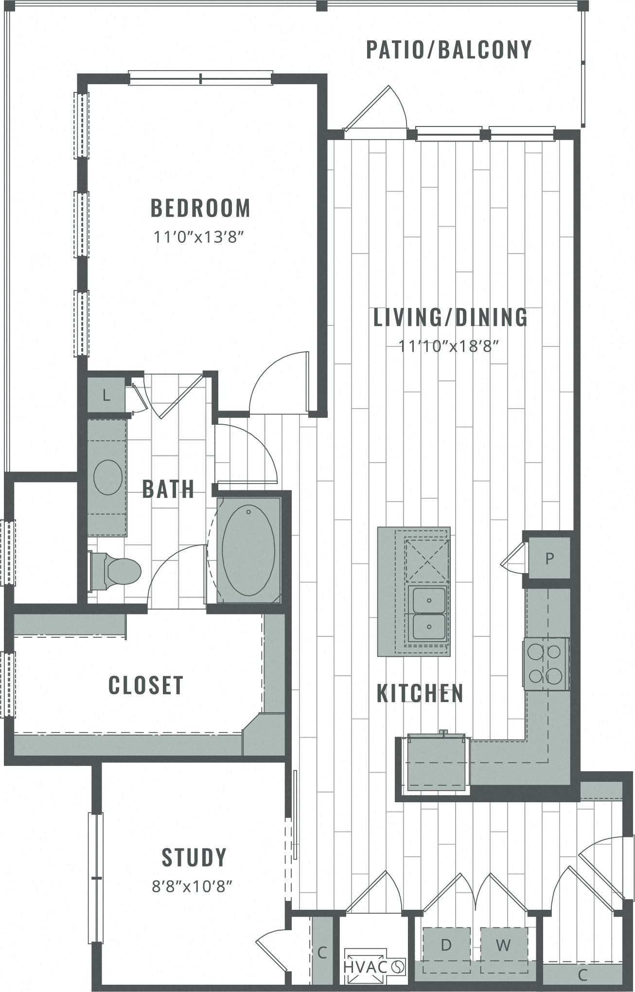 Floor plan for 1 bed, 1 bath, 1064 sqft